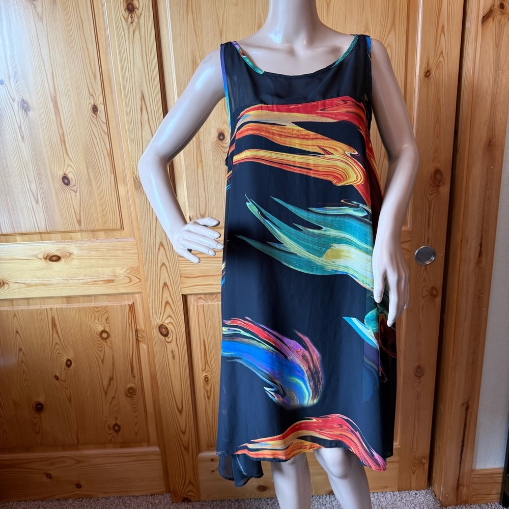 Robbie Bee Y2K Handkerchief Hem Chiffon Layered Midi Dress Black Size 14